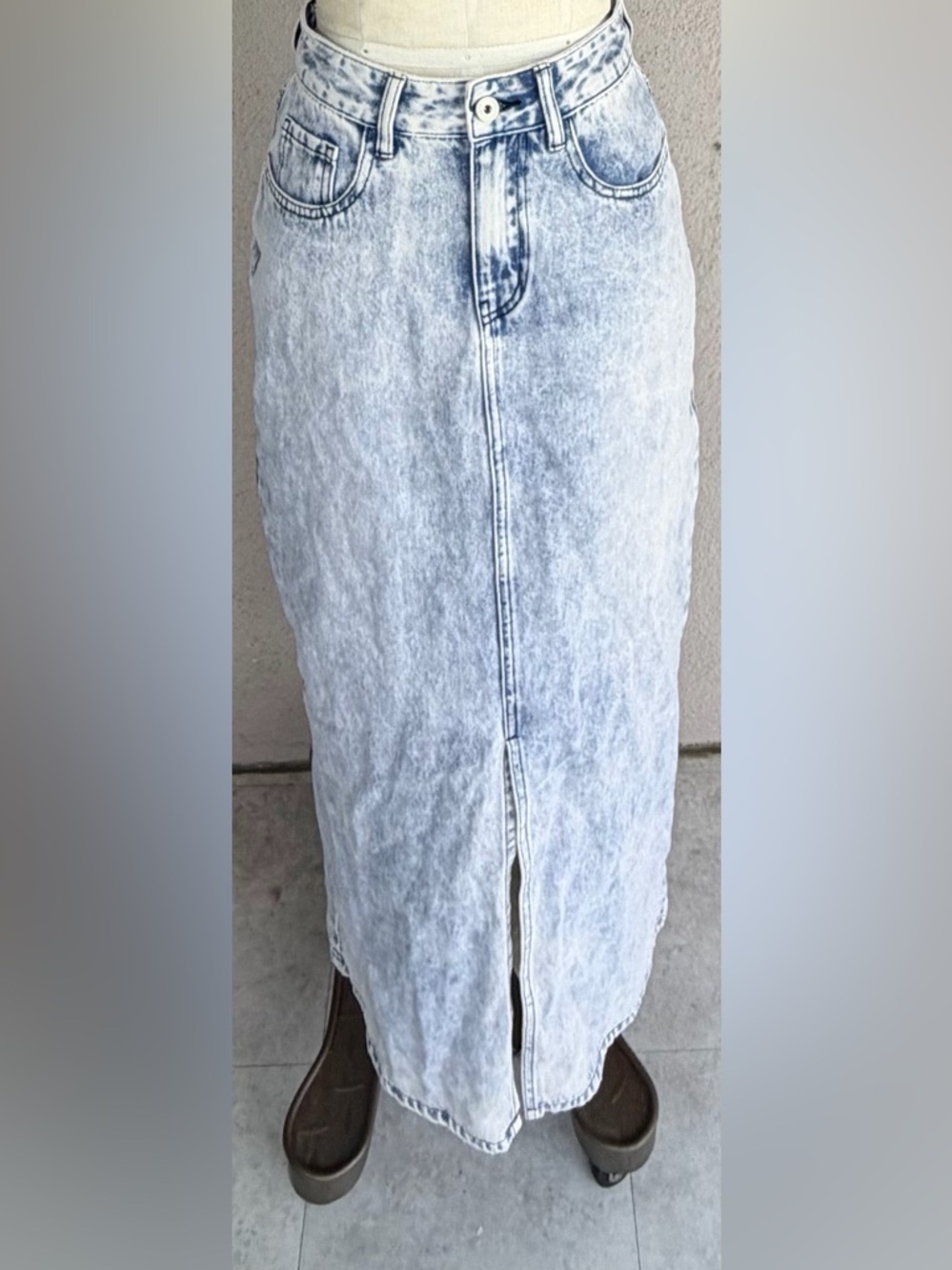 High-Waist Acid Wash Denim Maxi Skirt